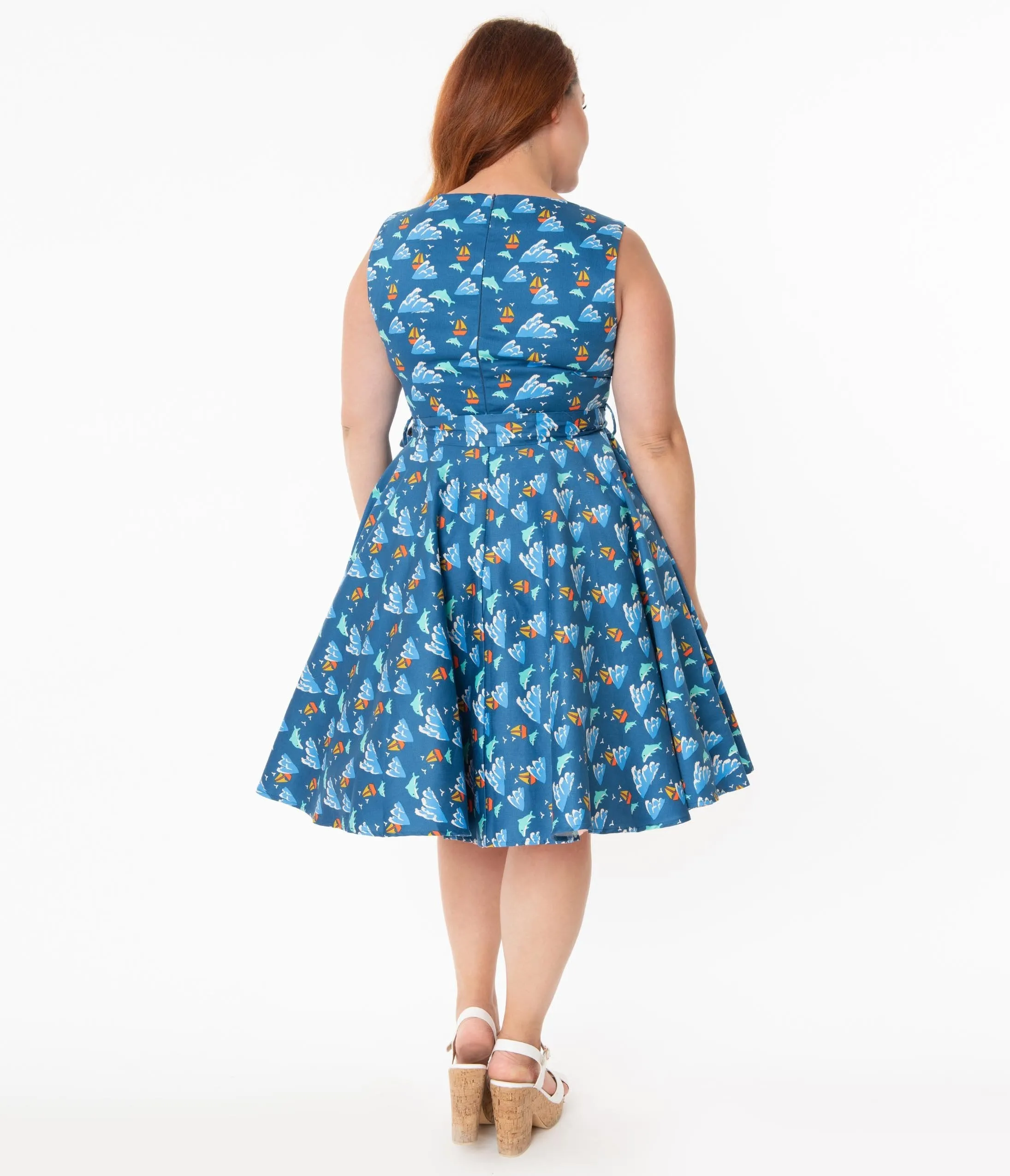 Plus Size Retro Blue Dolphin Print Ruby Swing Dress