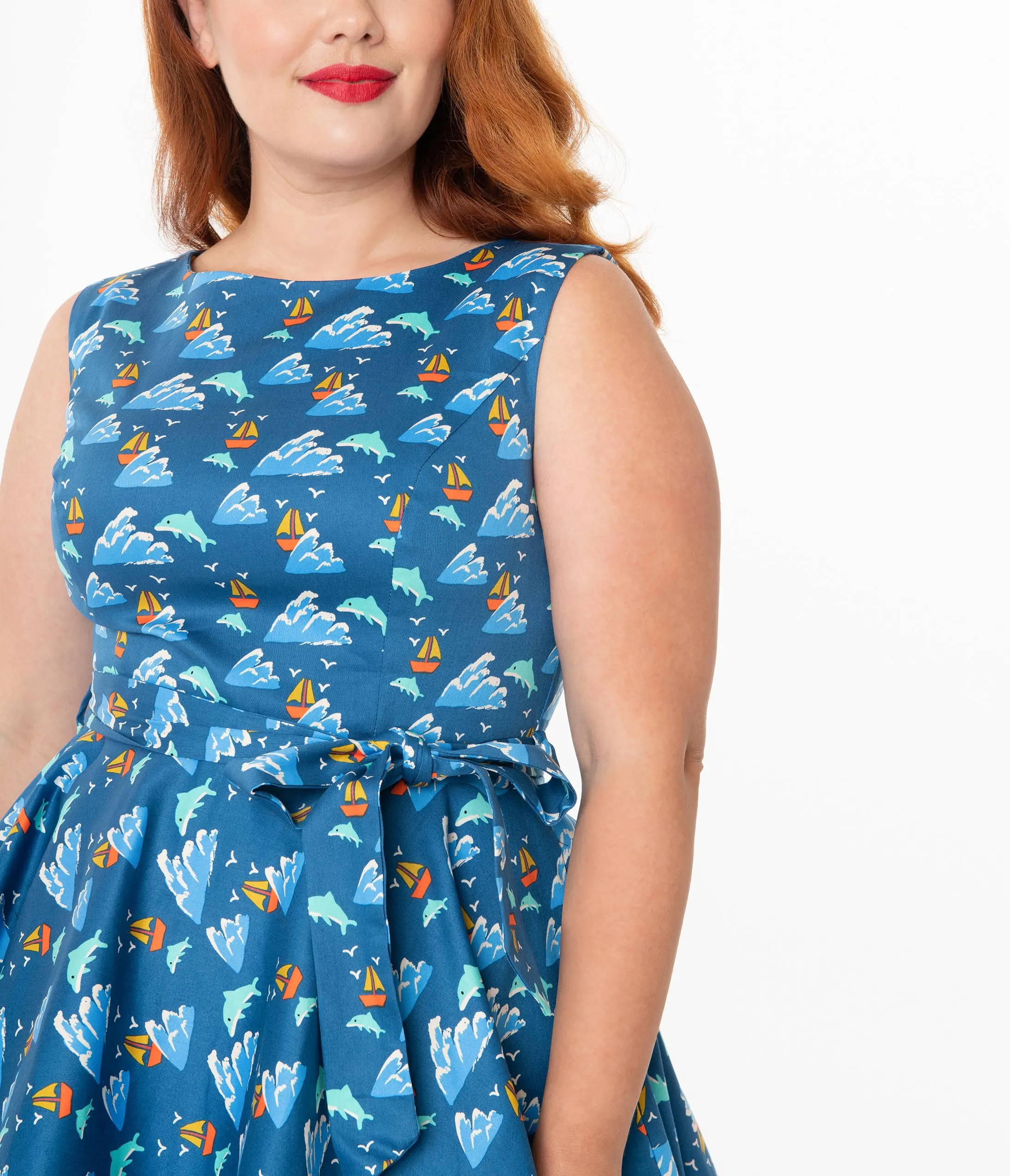 Plus Size Retro Blue Dolphin Print Ruby Swing Dress