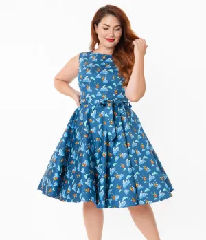 Plus Size Retro Blue Dolphin Print Ruby Swing Dress