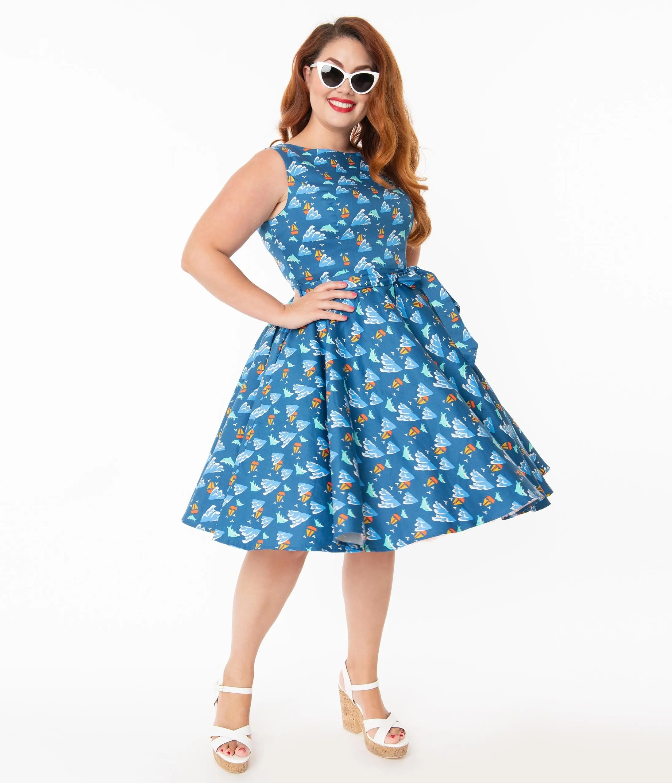 Plus Size Retro Blue Dolphin Print Ruby Swing Dress