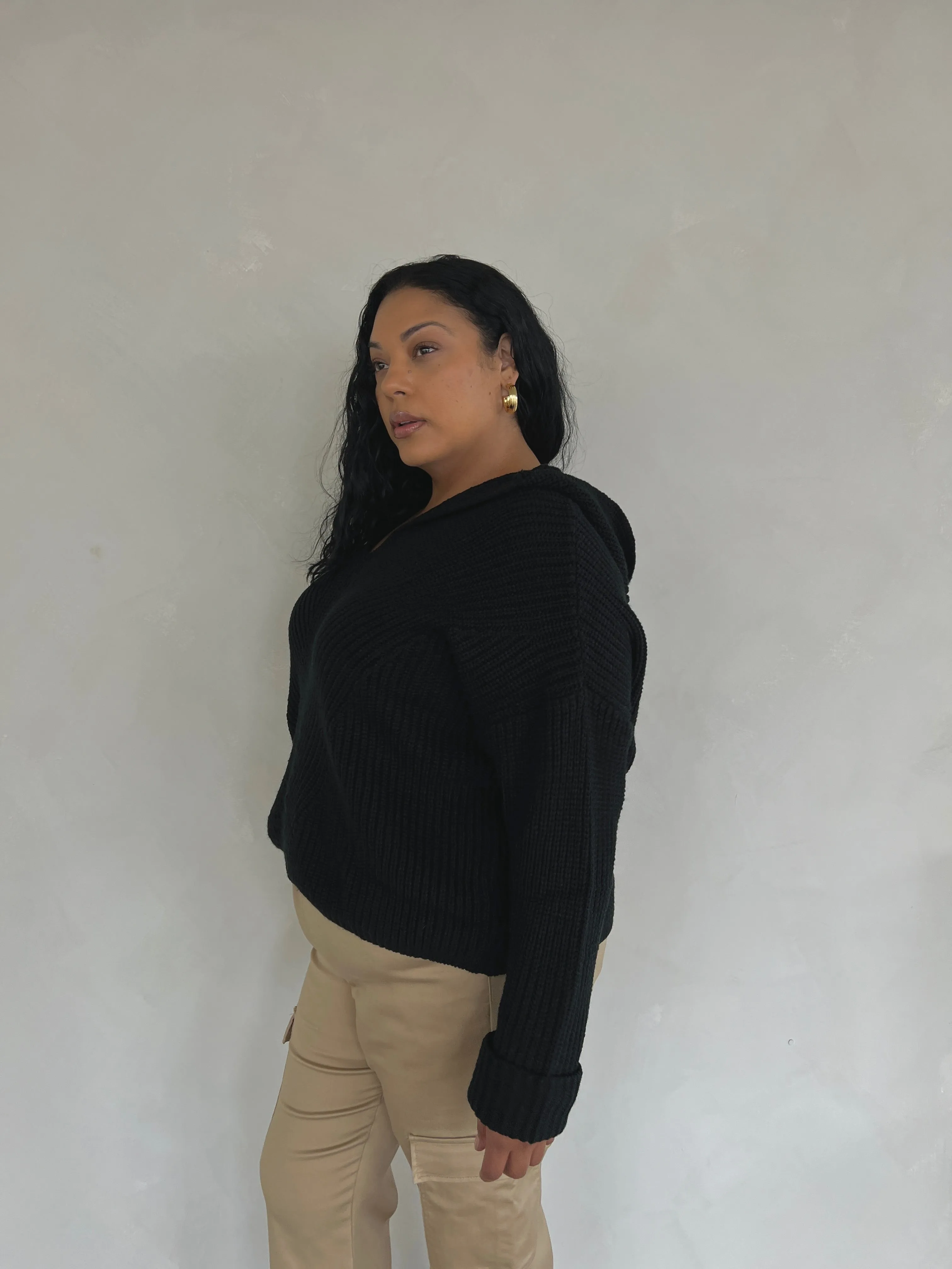 Plus Size V-Neck Hooded Sweater