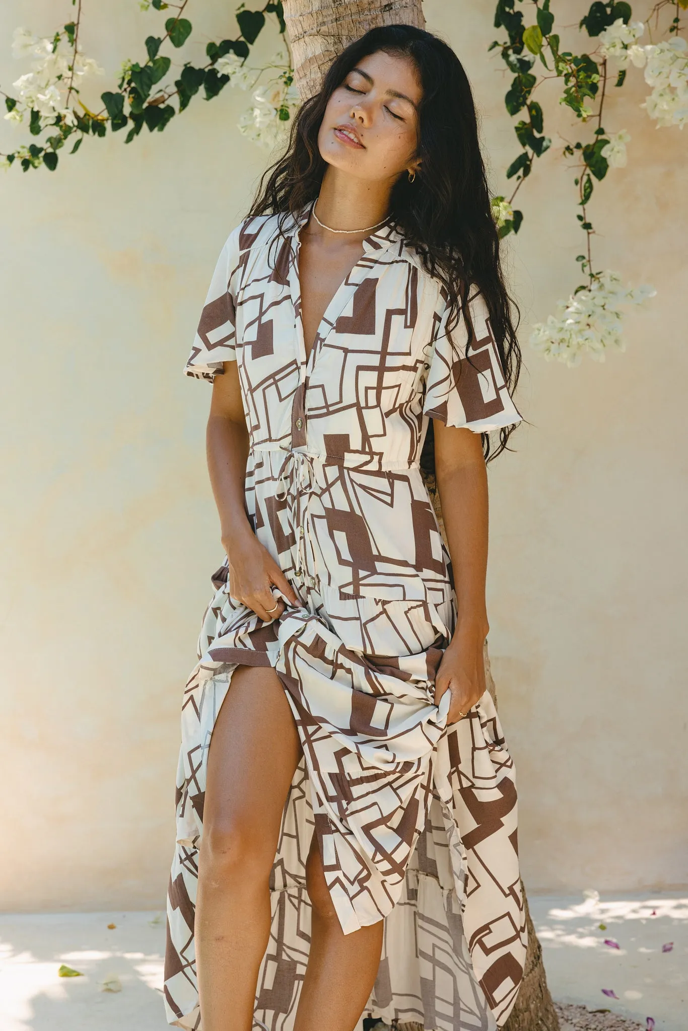 Raven Brown Geometric Button Down Tiered Midi Dress