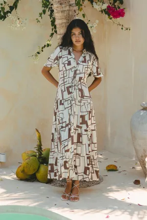 Raven Brown Geometric Button Down Tiered Midi Dress