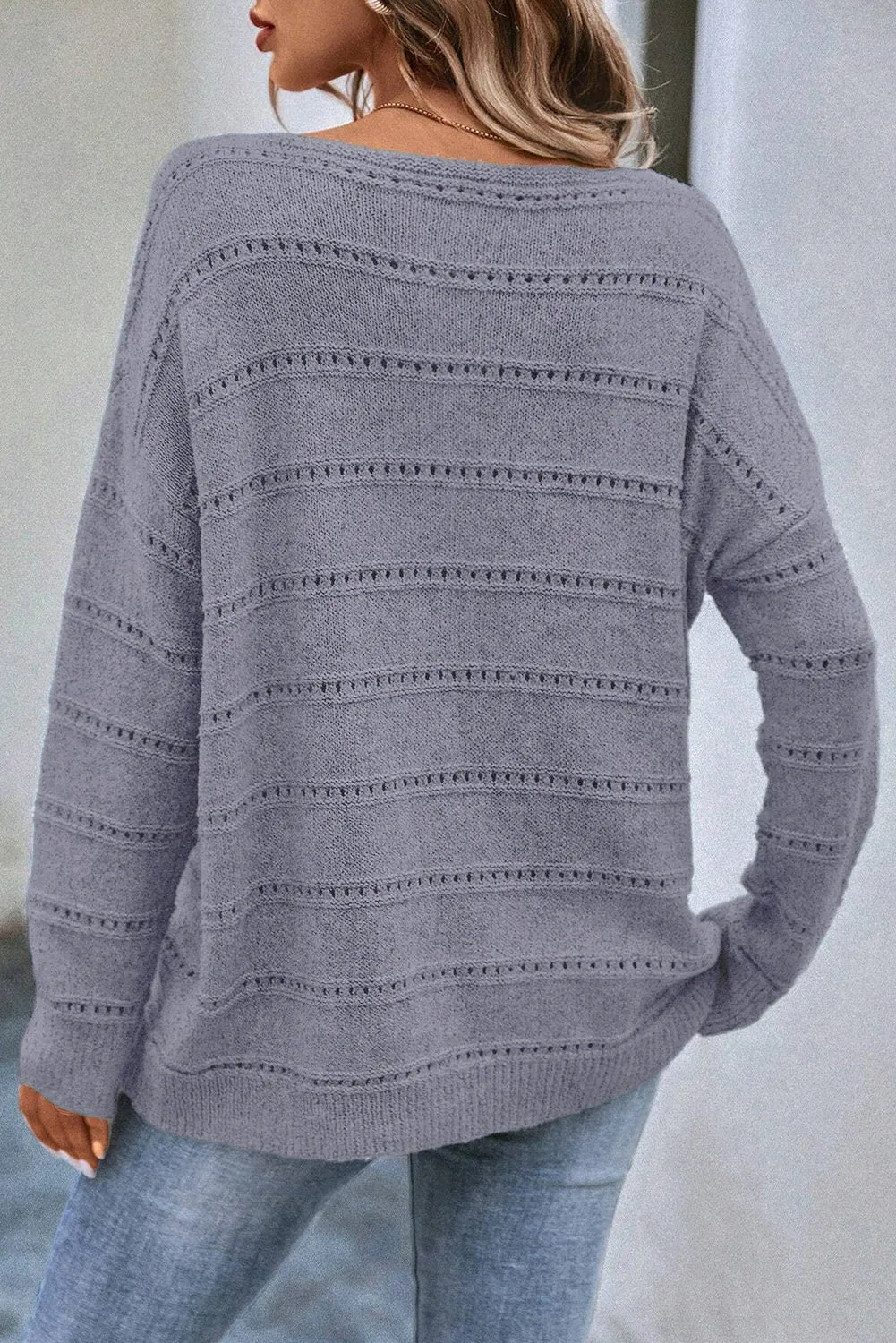 Real Teal Boat Neck Drop Shoulder Pointelle Knit Sweater