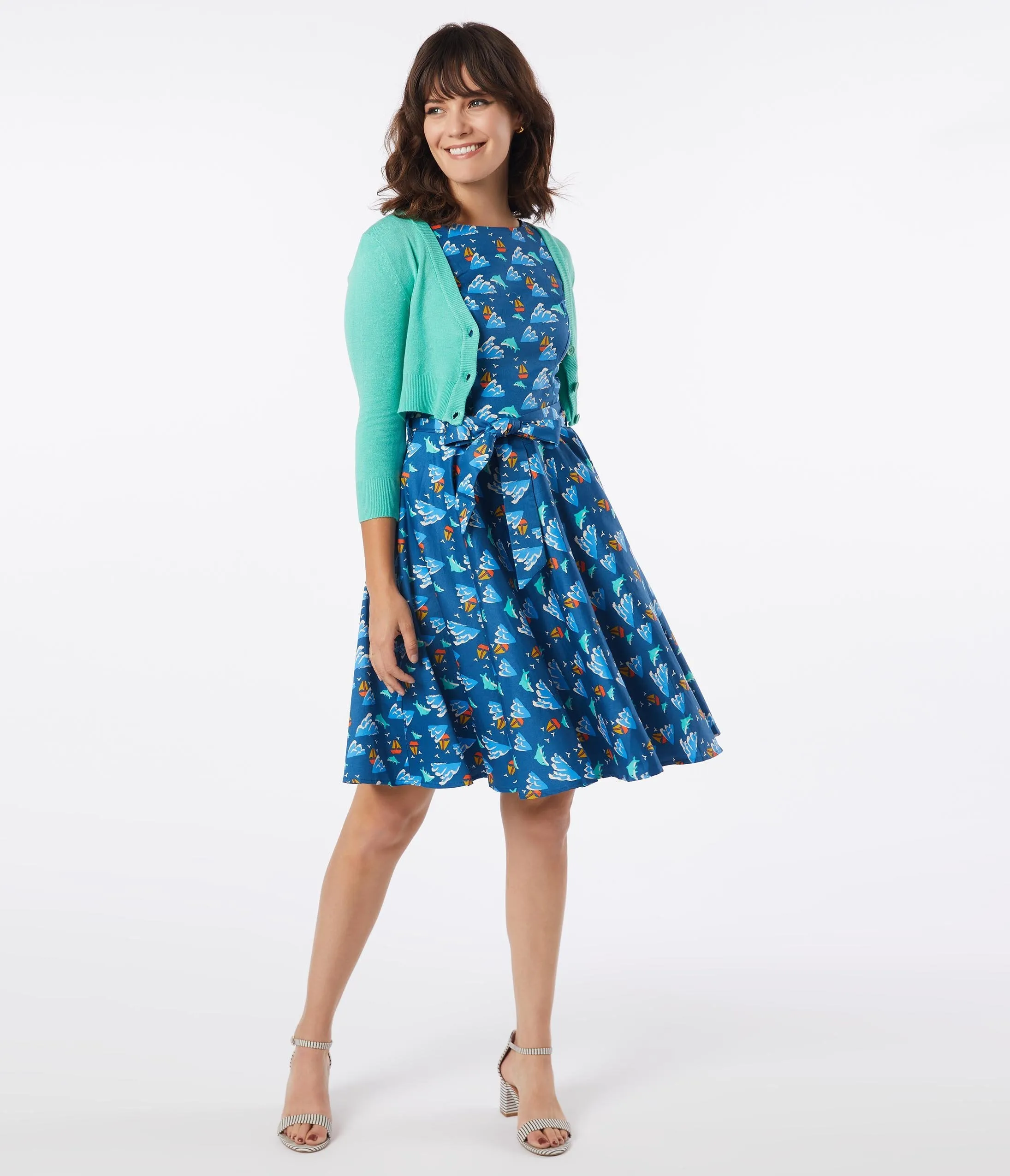 Retro Blue Dolphin Print Ruby Swing Dress