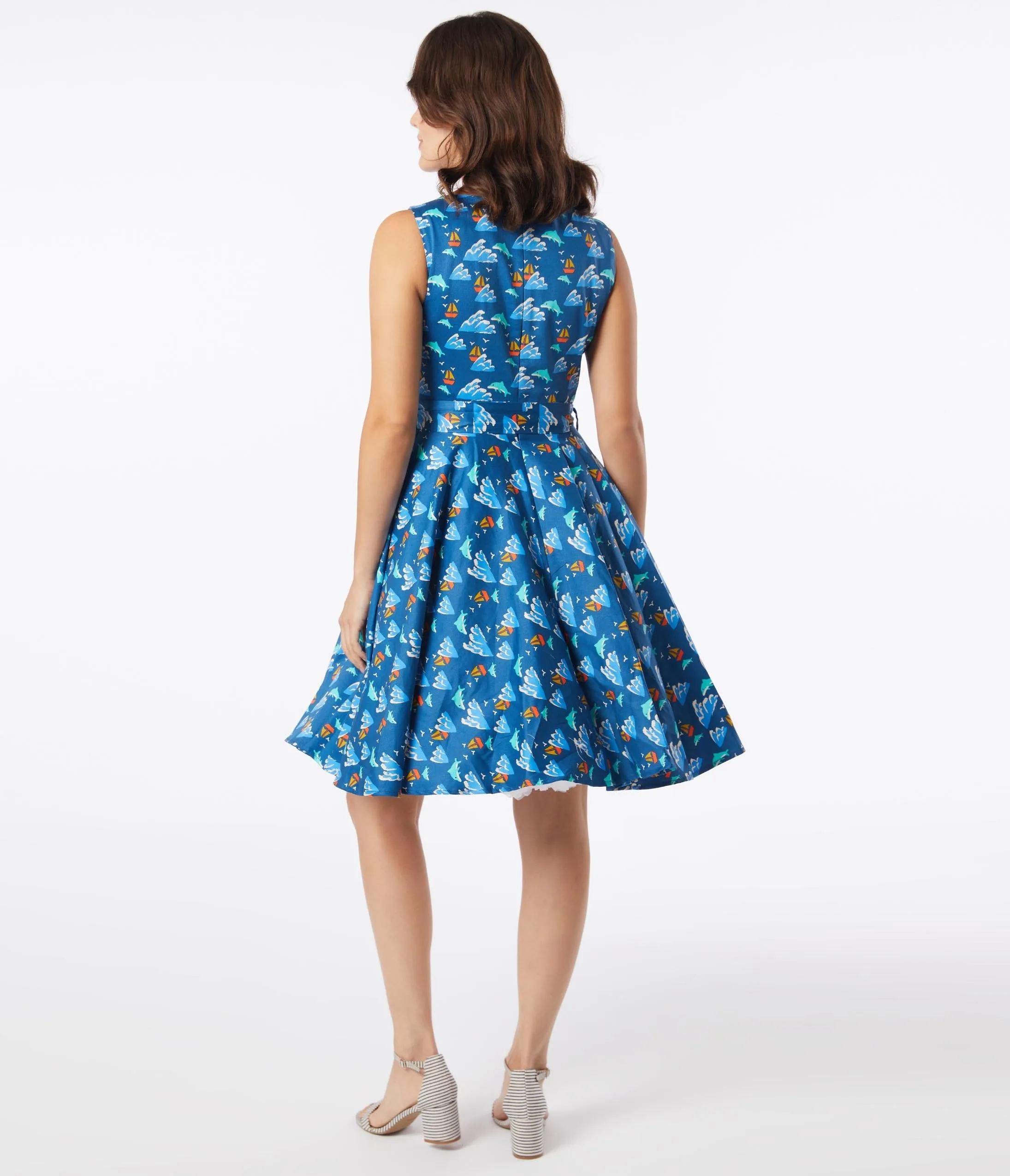 Retro Blue Dolphin Print Ruby Swing Dress