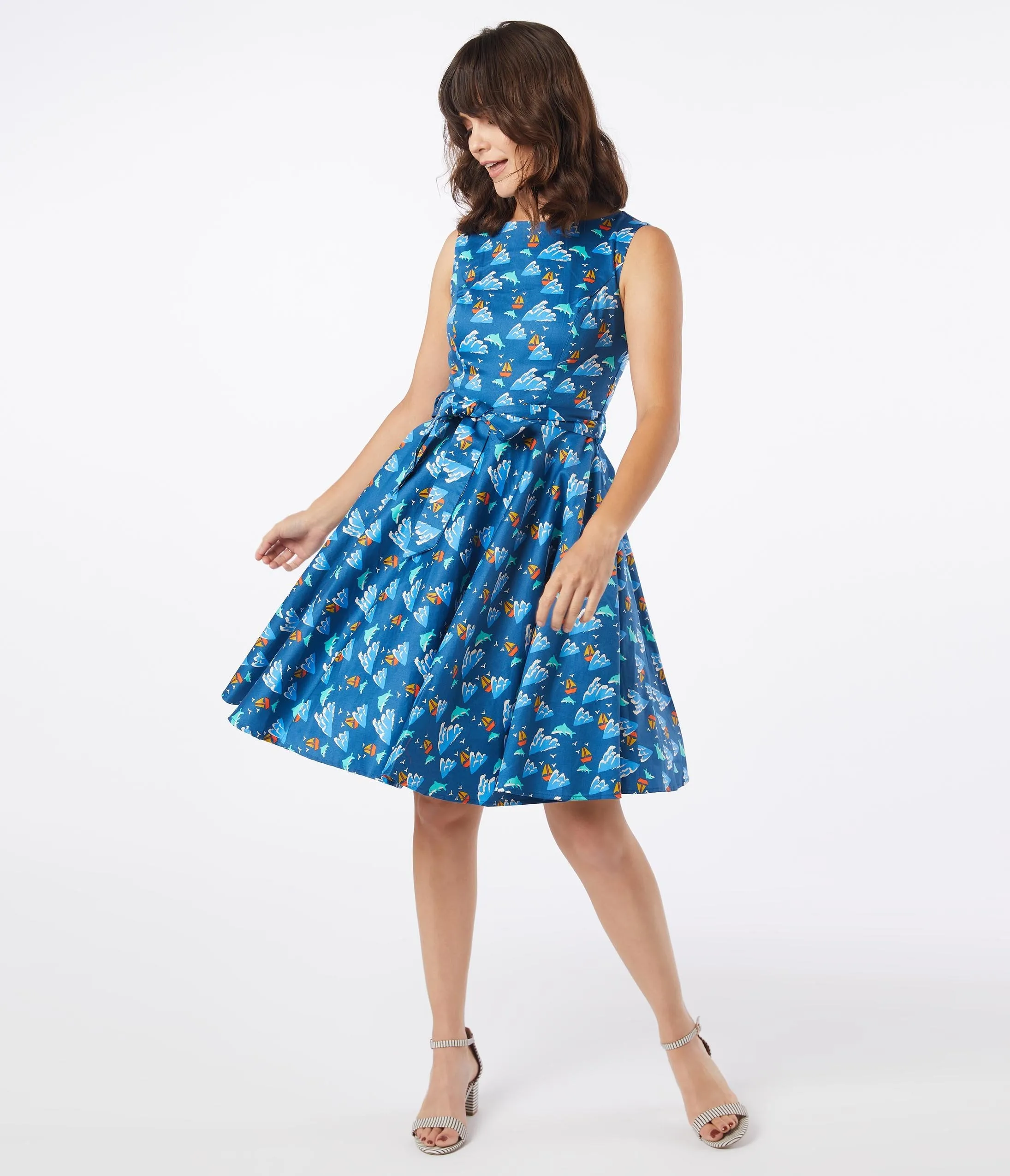 Retro Blue Dolphin Print Ruby Swing Dress