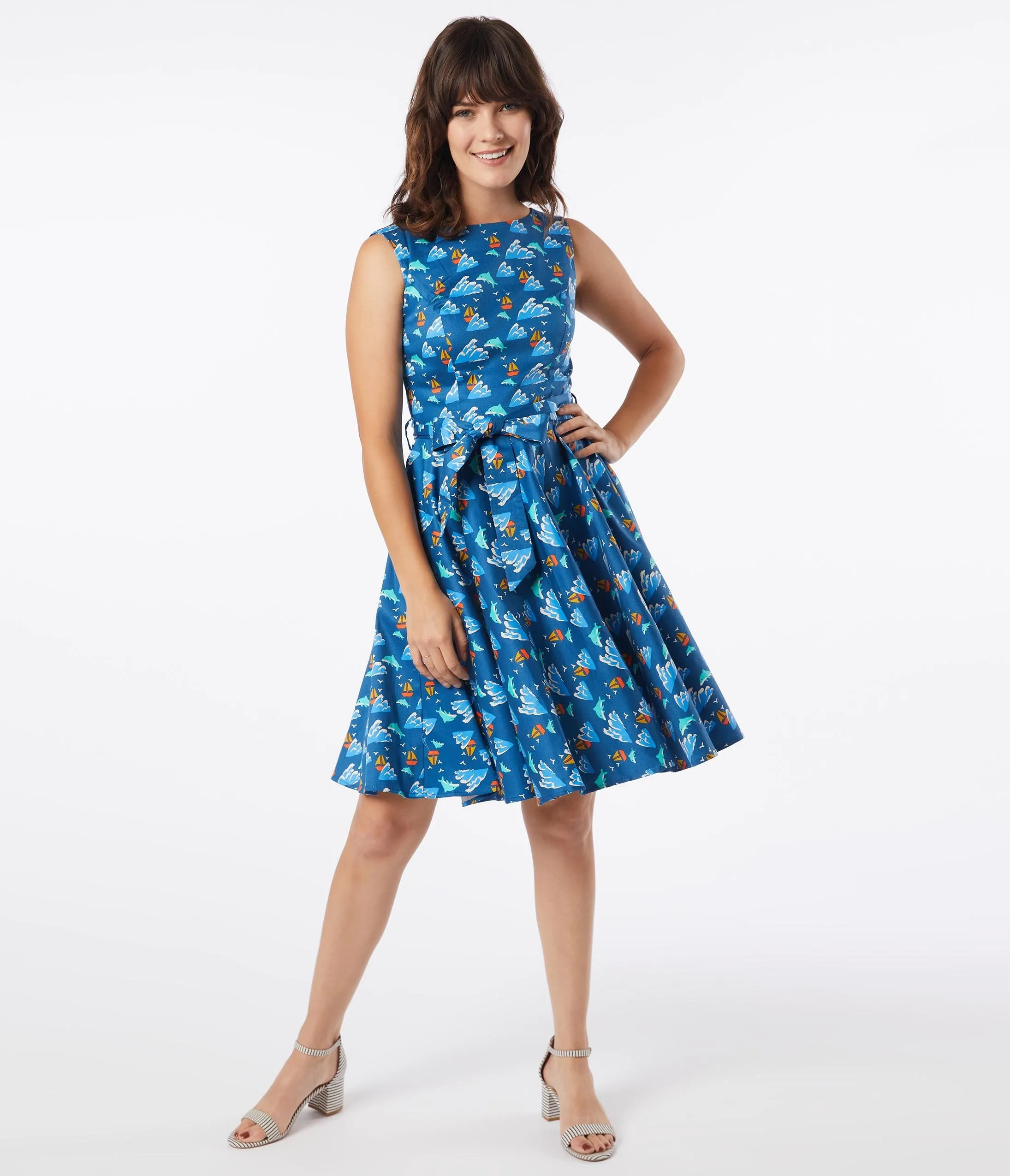 Retro Blue Dolphin Print Ruby Swing Dress