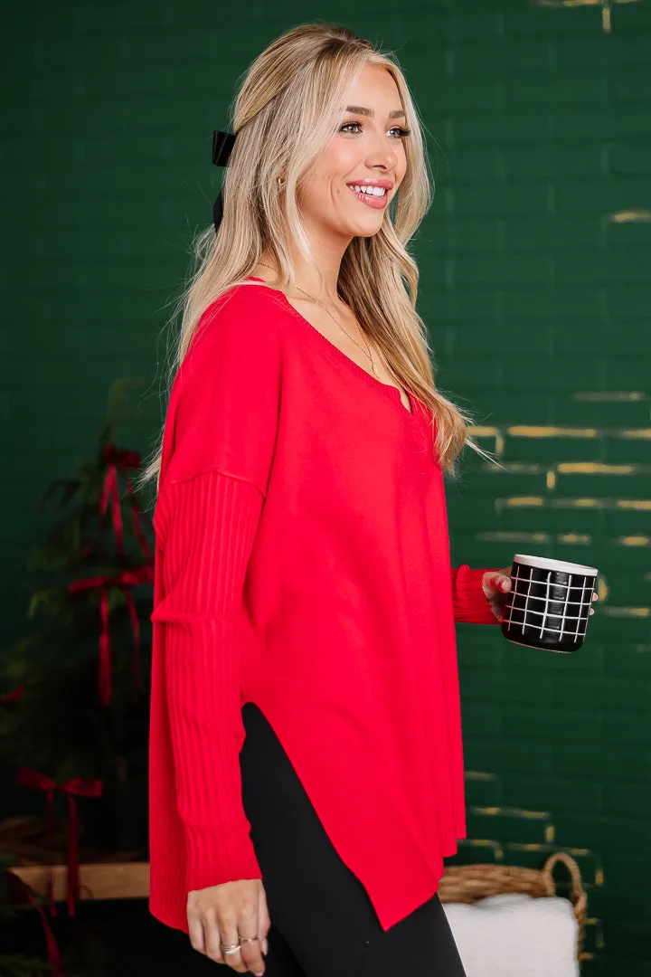 Ribbed Hem & Sleeve Top | {Red}