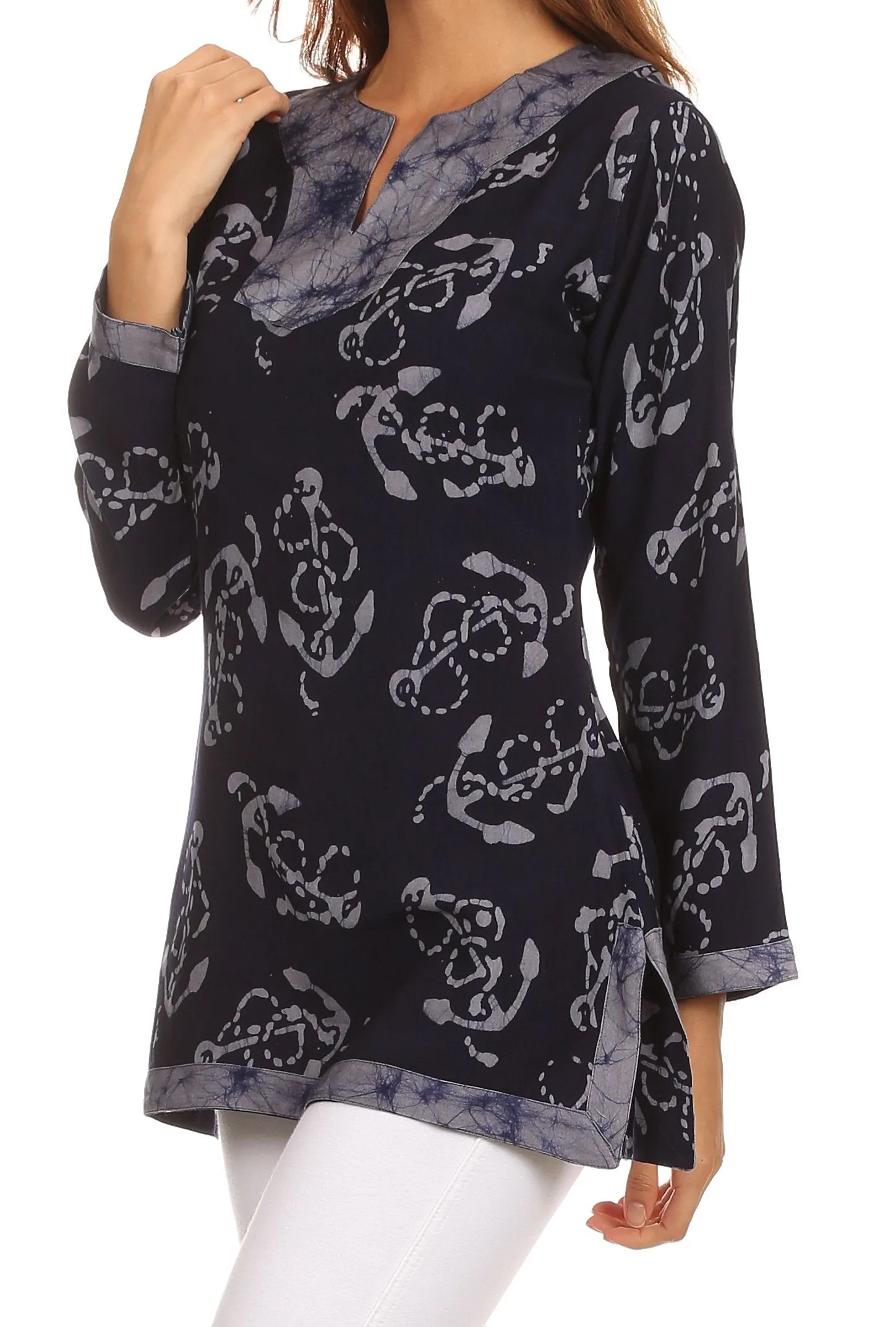 Sakkas Callie Anchor Long Sleeve Cotton Tunic Blouse