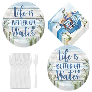 Seaside Summer Beach Coastal Round Paper Dessert Plates, Napkins, and Forks (Serves 16)