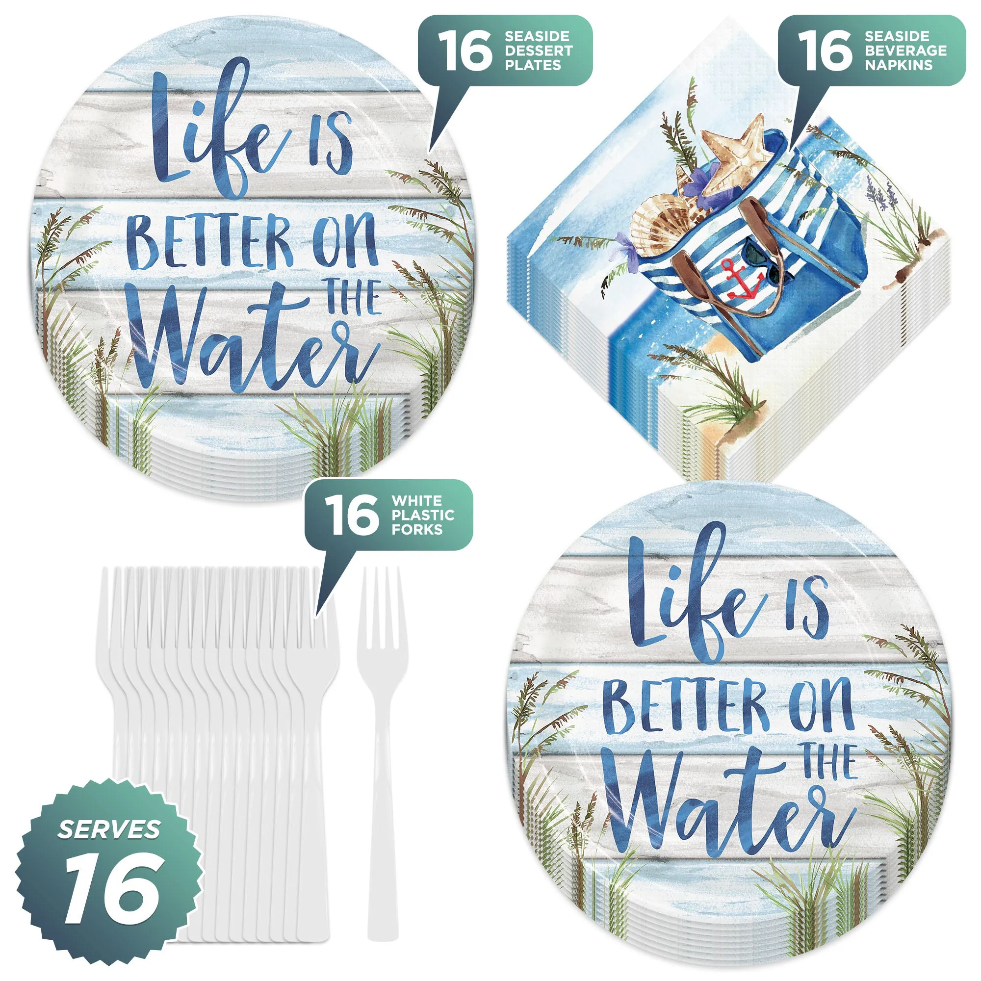 Seaside Summer Beach Coastal Round Paper Dessert Plates, Napkins, and Forks (Serves 16)