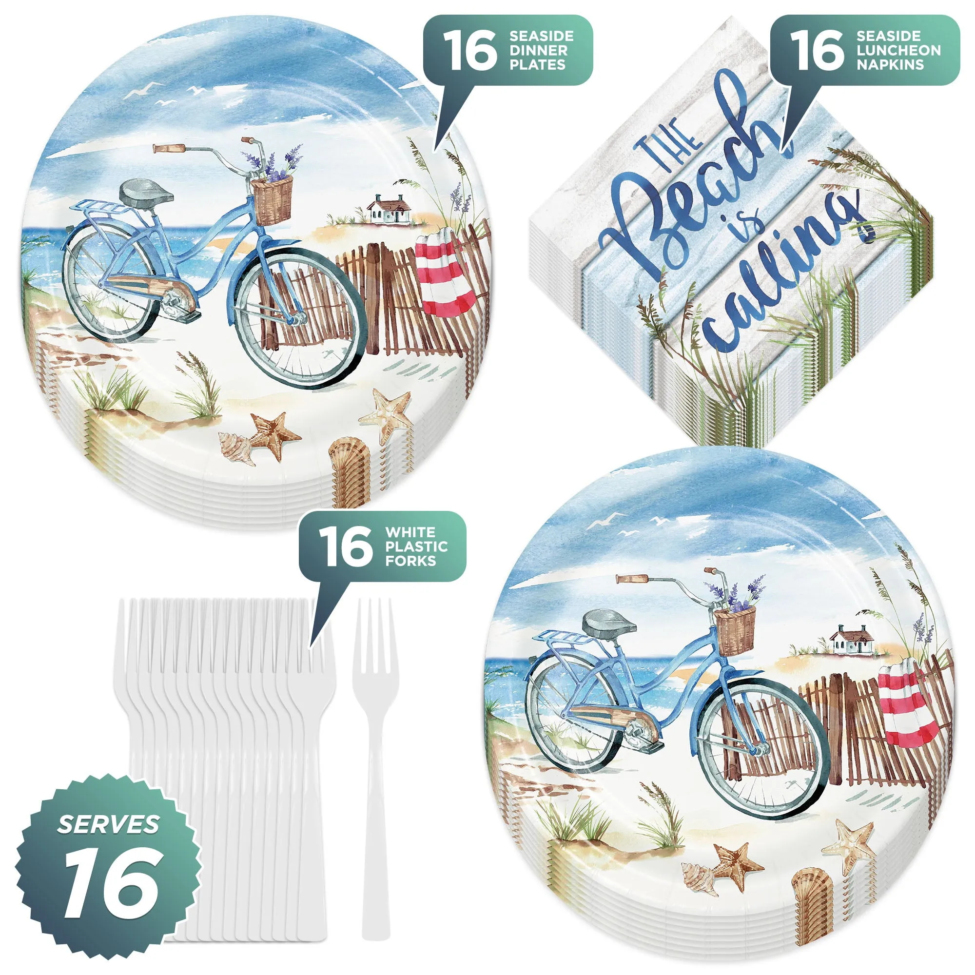 Seaside Summer Beach Coastal Round Paper Dinner Plates, Lunch Napkins, & Forks (Serves 16)