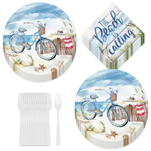 Seaside Summer Beach Coastal Round Paper Dinner Plates, Lunch Napkins, & Forks (Serves 16)