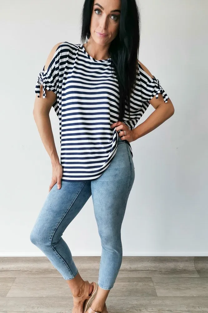 Shine On Label Catalina Open Shoulder Top Navy White Stripe