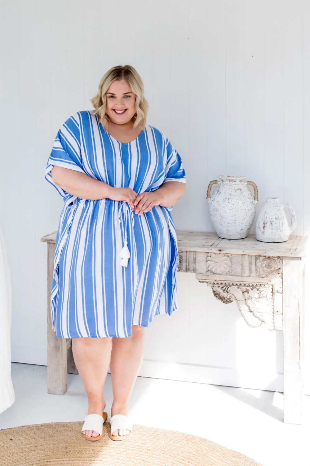 Short Kaftan Dress - Blue Stripe