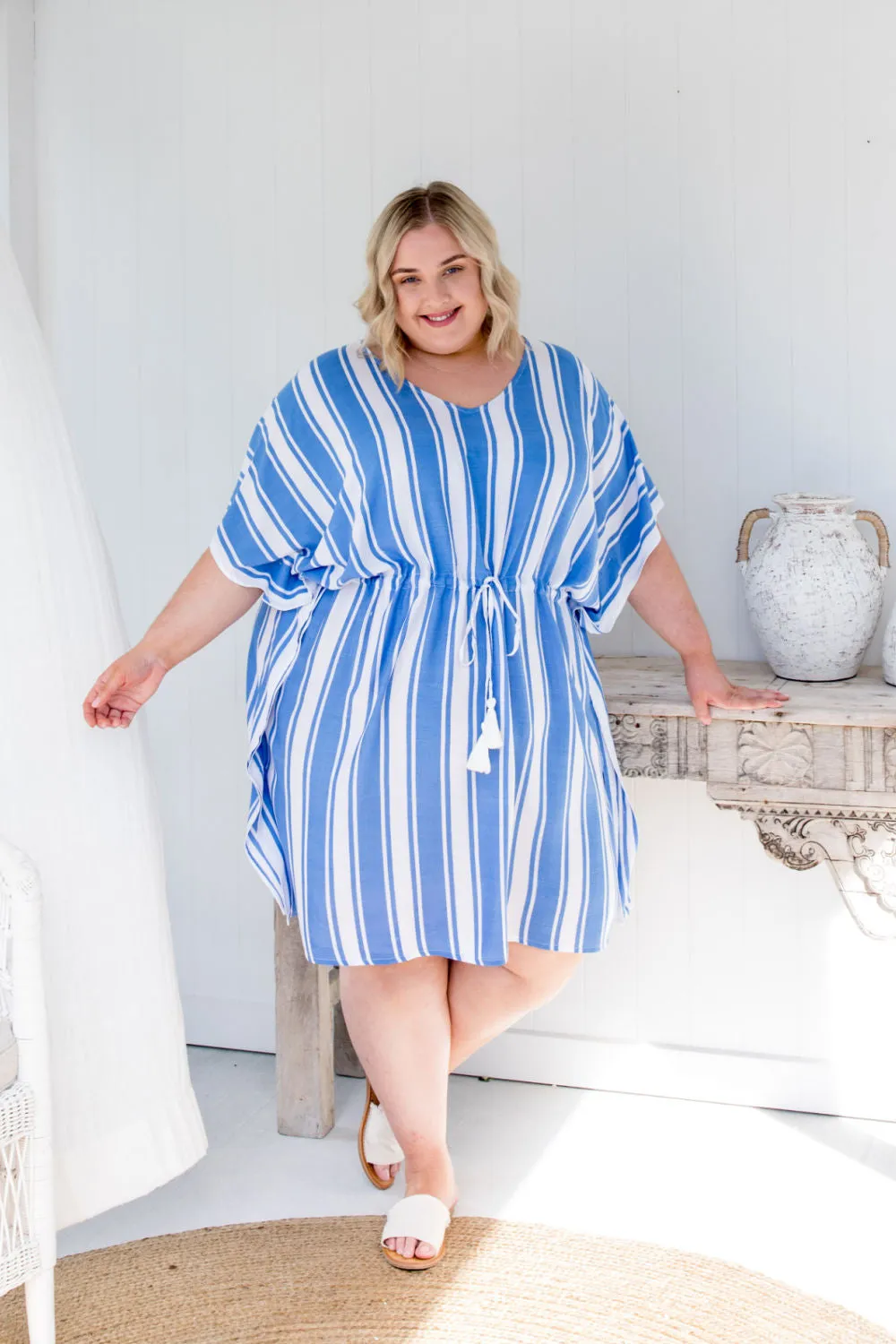 Short Kaftan Dress - Blue Stripe