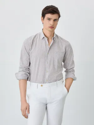 Slim Fit Shirt With Button Down Collar In Cotton-linen Blend With Stripes