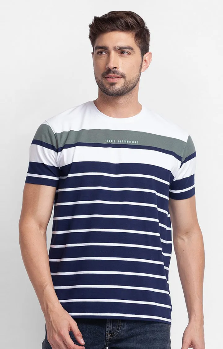 Spykar White Cotton Half Sleeve Stripes Casual T-Shirt For Men