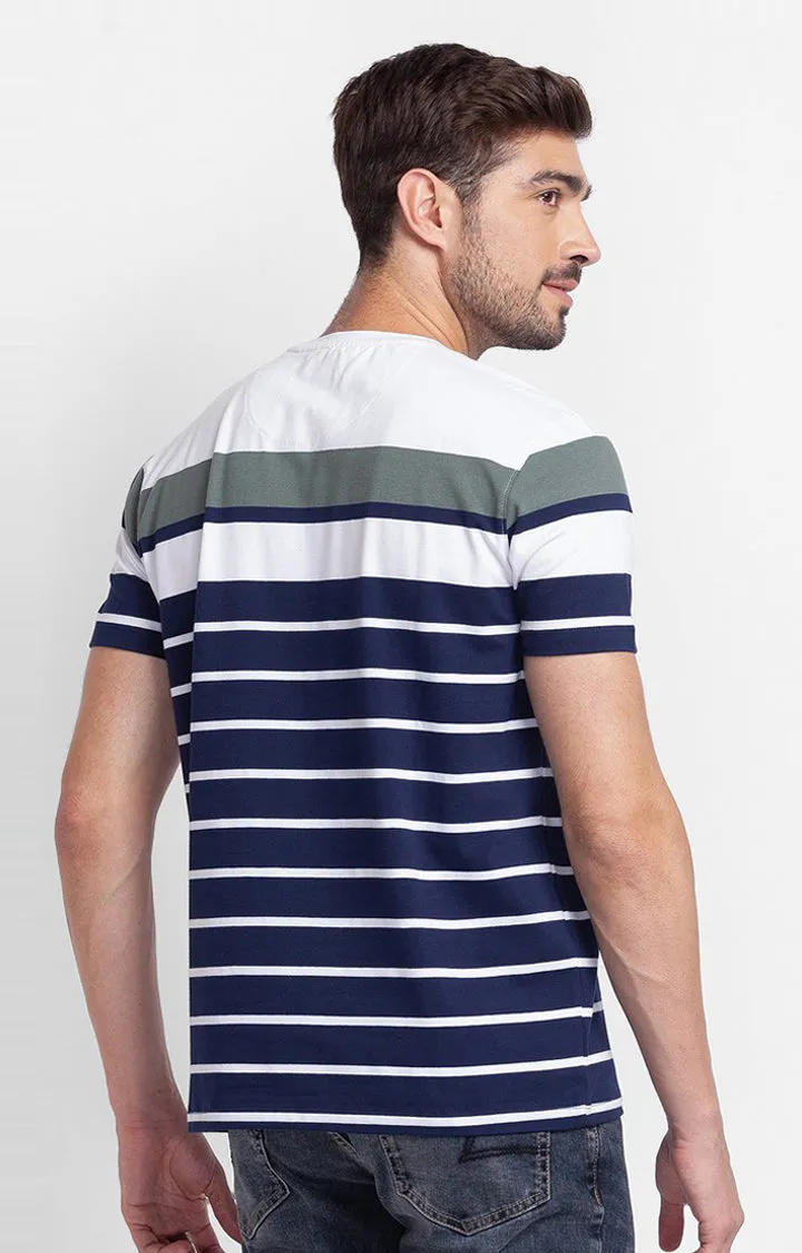 Spykar White Cotton Half Sleeve Stripes Casual T-Shirt For Men