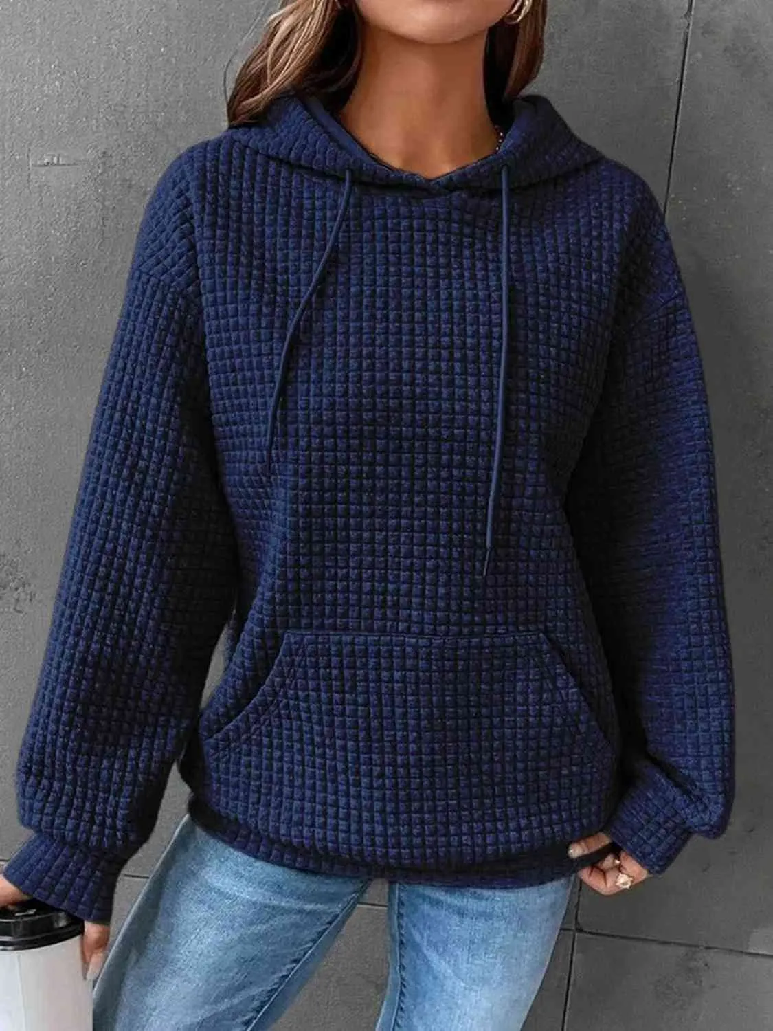 Textured Drawstring Drop Shoulder Hoodie