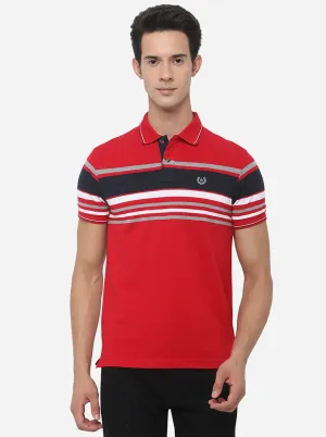 Tomato Red Striped Slim Fit Polo T-Shirt | Greenfibre