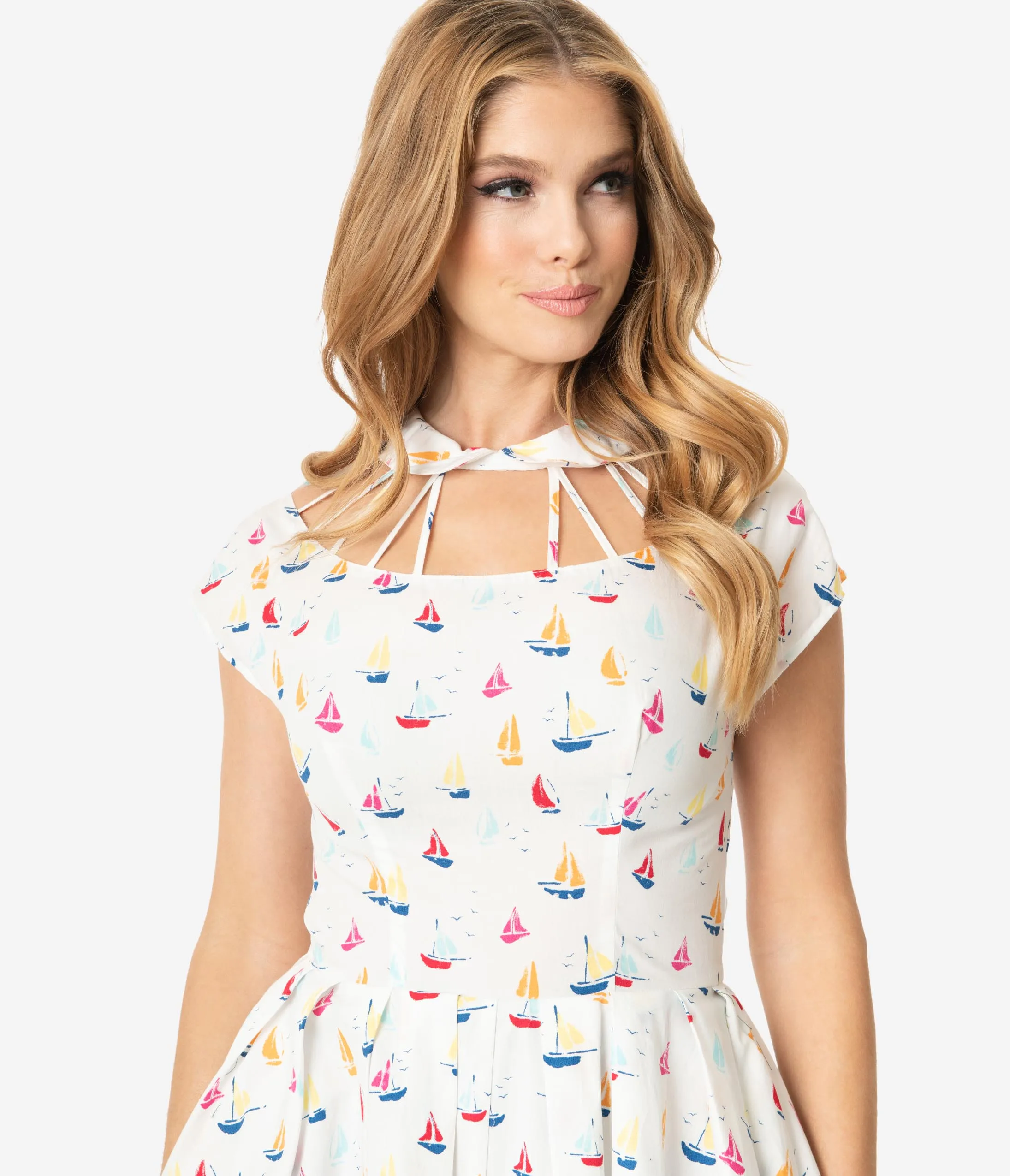 Unique Vintage 1950s Ivory & Multi Sailboat Print Wilson Swing Dress