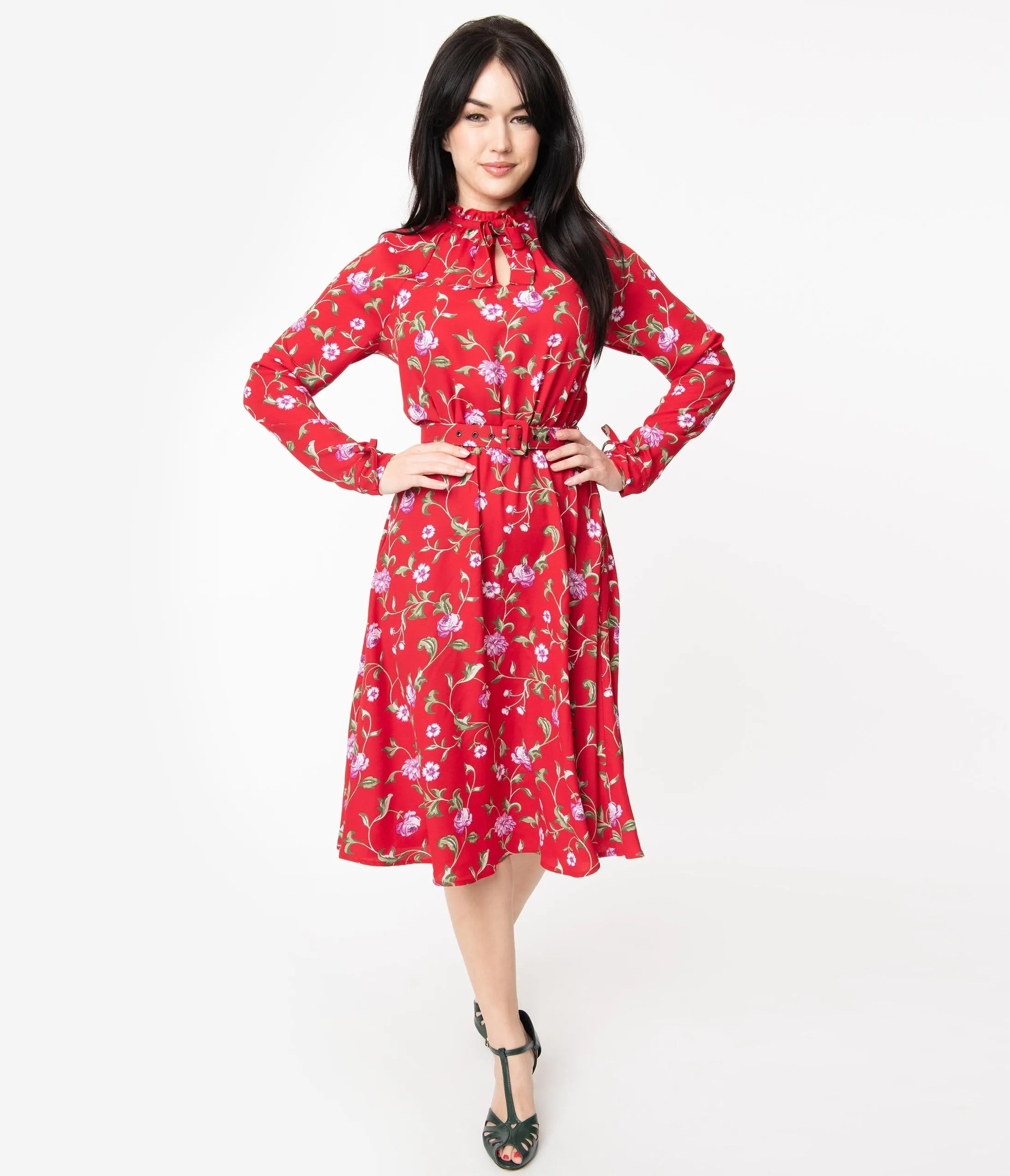 Vintage-Inspired 1950s Red & Purple Floral Vandella Swing Dress