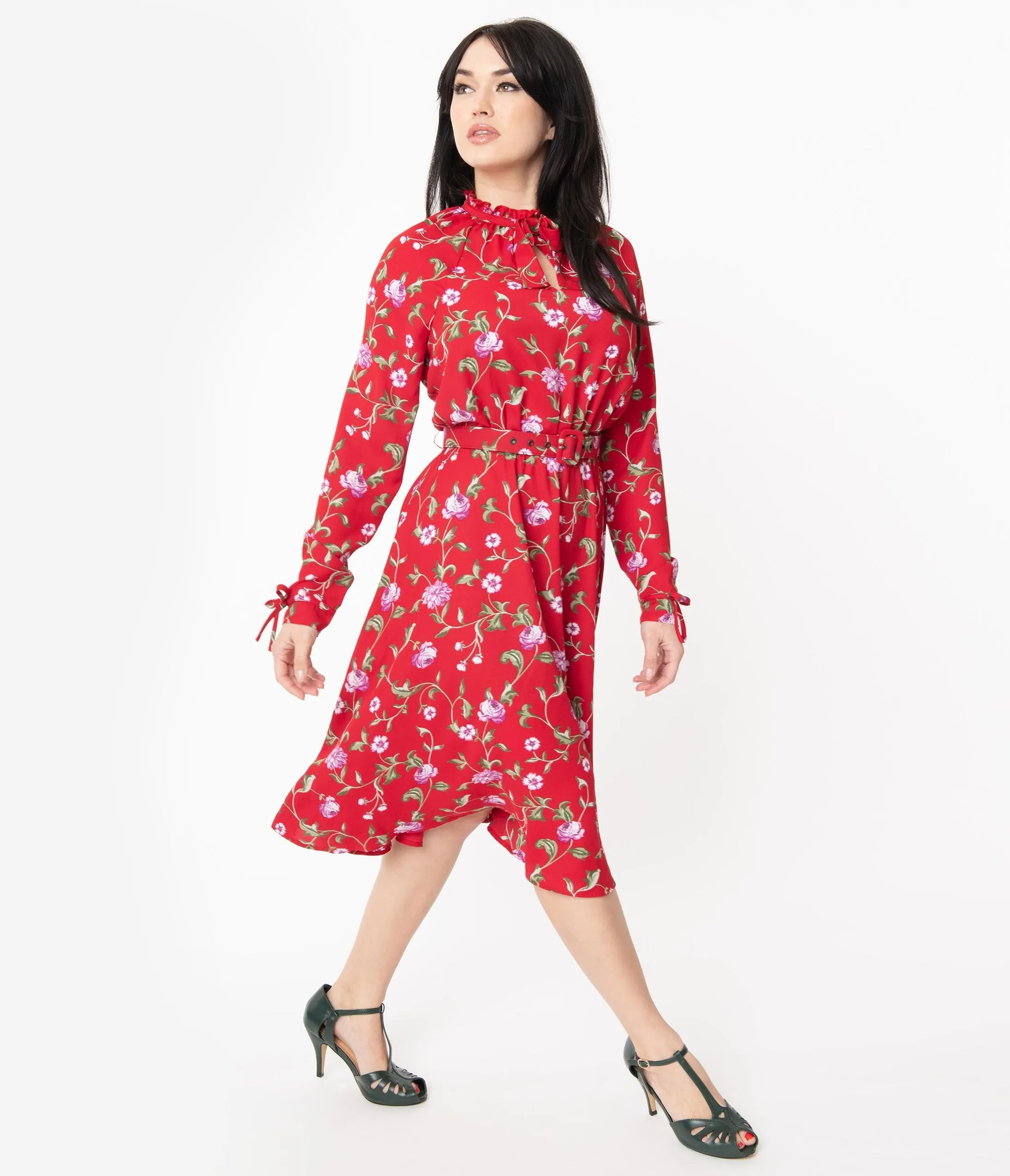 Vintage-Inspired 1950s Red & Purple Floral Vandella Swing Dress