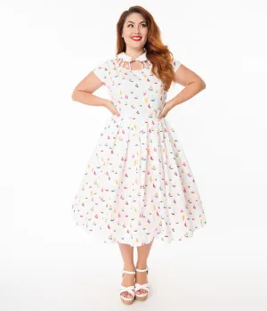 Unique Vintage Plus Size 1950s Ivory & Multi Sailboat Print Wilson Swing Dress