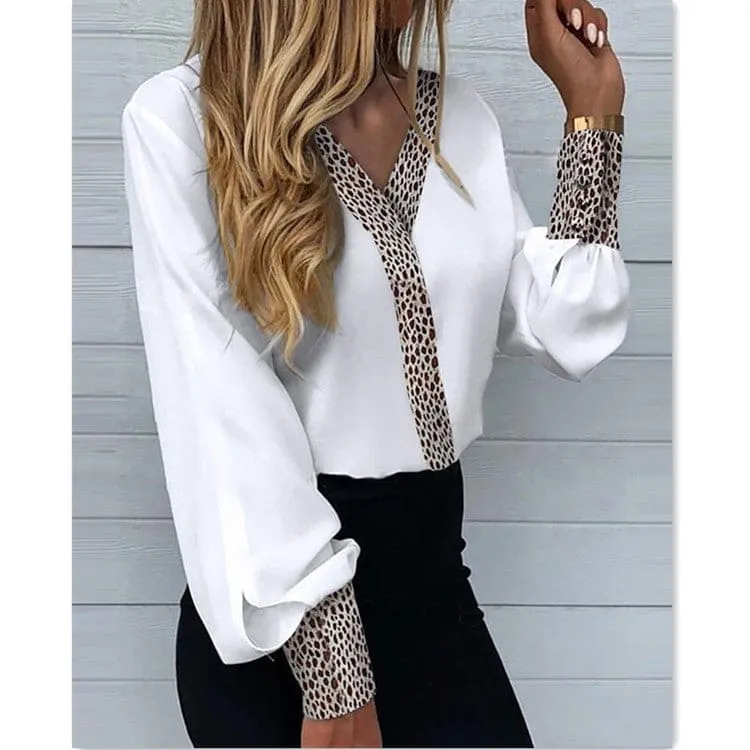 V-Neck Contrast Leopard Print Long Lantern Sleeve Blouse