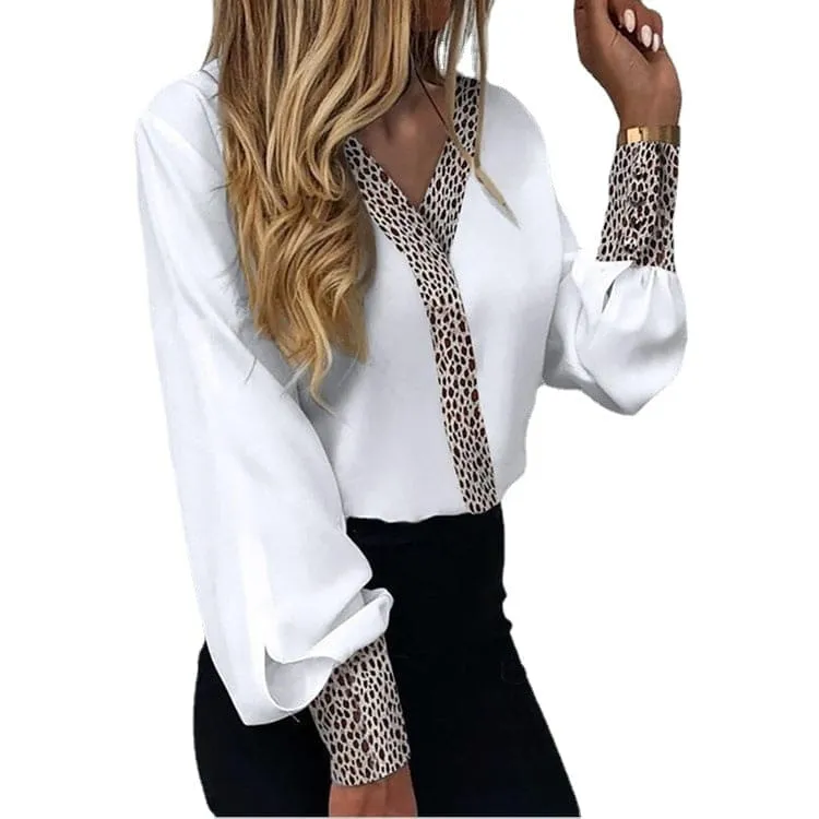 V-Neck Contrast Leopard Print Long Lantern Sleeve Blouse