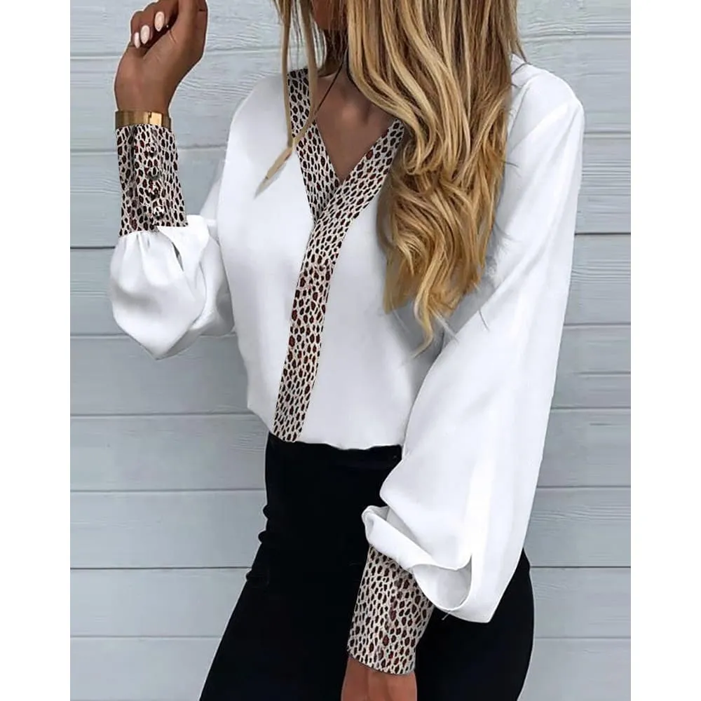 V-Neck Contrast Leopard Print Long Lantern Sleeve Blouse