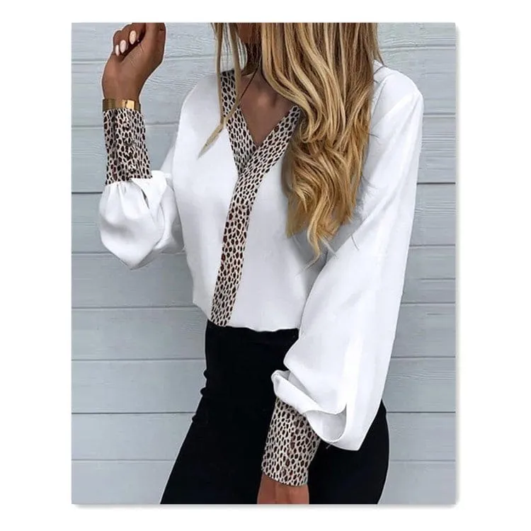 V-Neck Contrast Leopard Print Long Lantern Sleeve Blouse