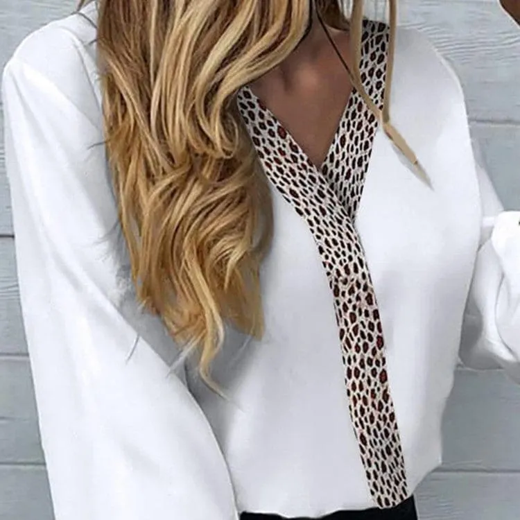 V-Neck Contrast Leopard Print Long Lantern Sleeve Blouse