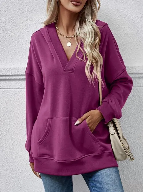 V-Neck Drop Shoulder Long Sleeve Hoodie