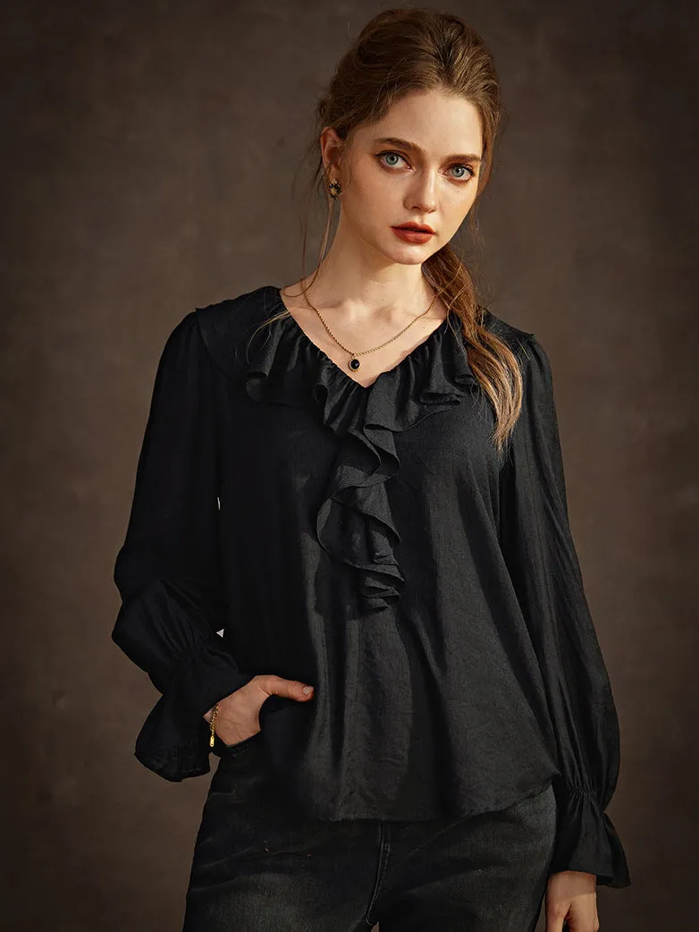 Victorian Ruffle Decor Blouse Women Loose Fit Tops