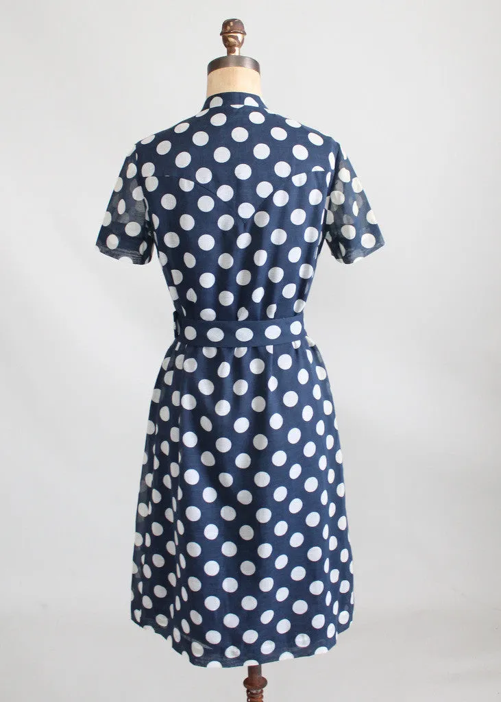 Vintage 1960s Rona Navy Polka Dot Shirt Dress