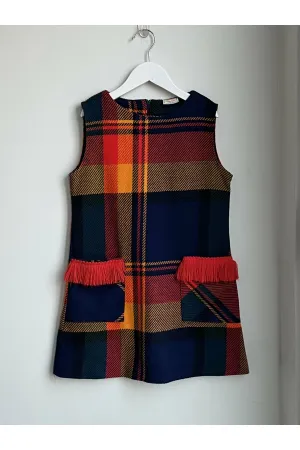 Vintage Mod Plaid Dress w/Fringe Pockets - Size 8