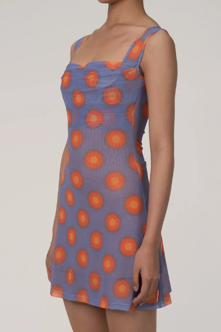 Vintage Polka Dot Draped Square Neck Sleeveless Mesh Mini Party Dress