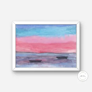 Watercolor Sea Horizontal Wall Art INSTANT DOWNLOAD Art Print, Coastal Decor, Seaside Beachy Print, Fishing Boat Watercolor, Coastal Wall Art