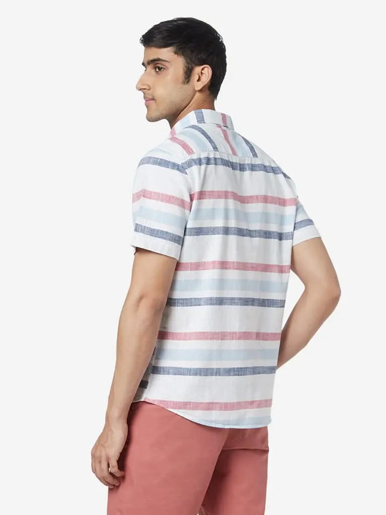 WES Casuals White Striped Slim-Fit Shirt