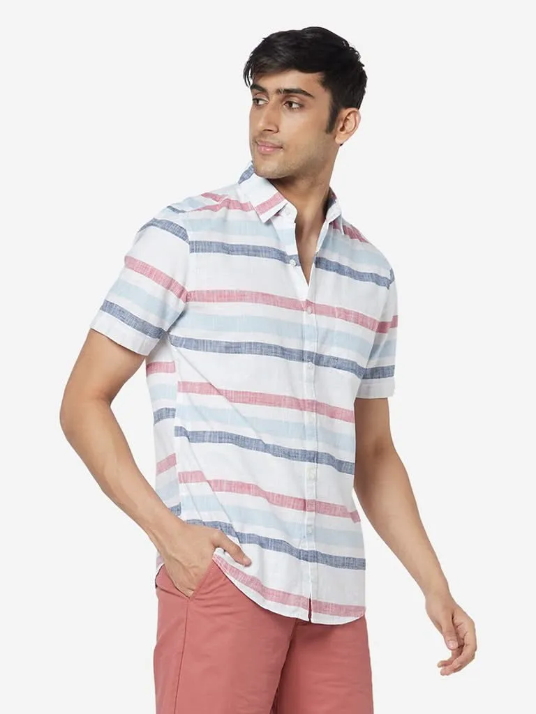 WES Casuals White Striped Slim-Fit Shirt