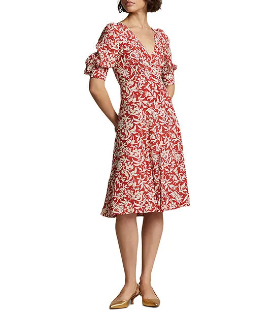 Women’s Floral Mutton-Sleeve Godet Crepe Dress