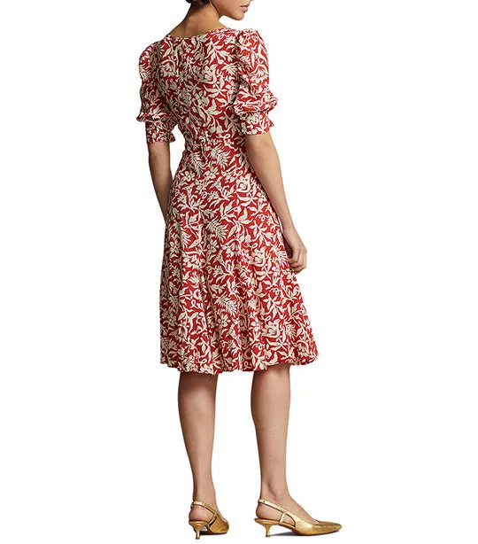 Women’s Floral Mutton-Sleeve Godet Crepe Dress